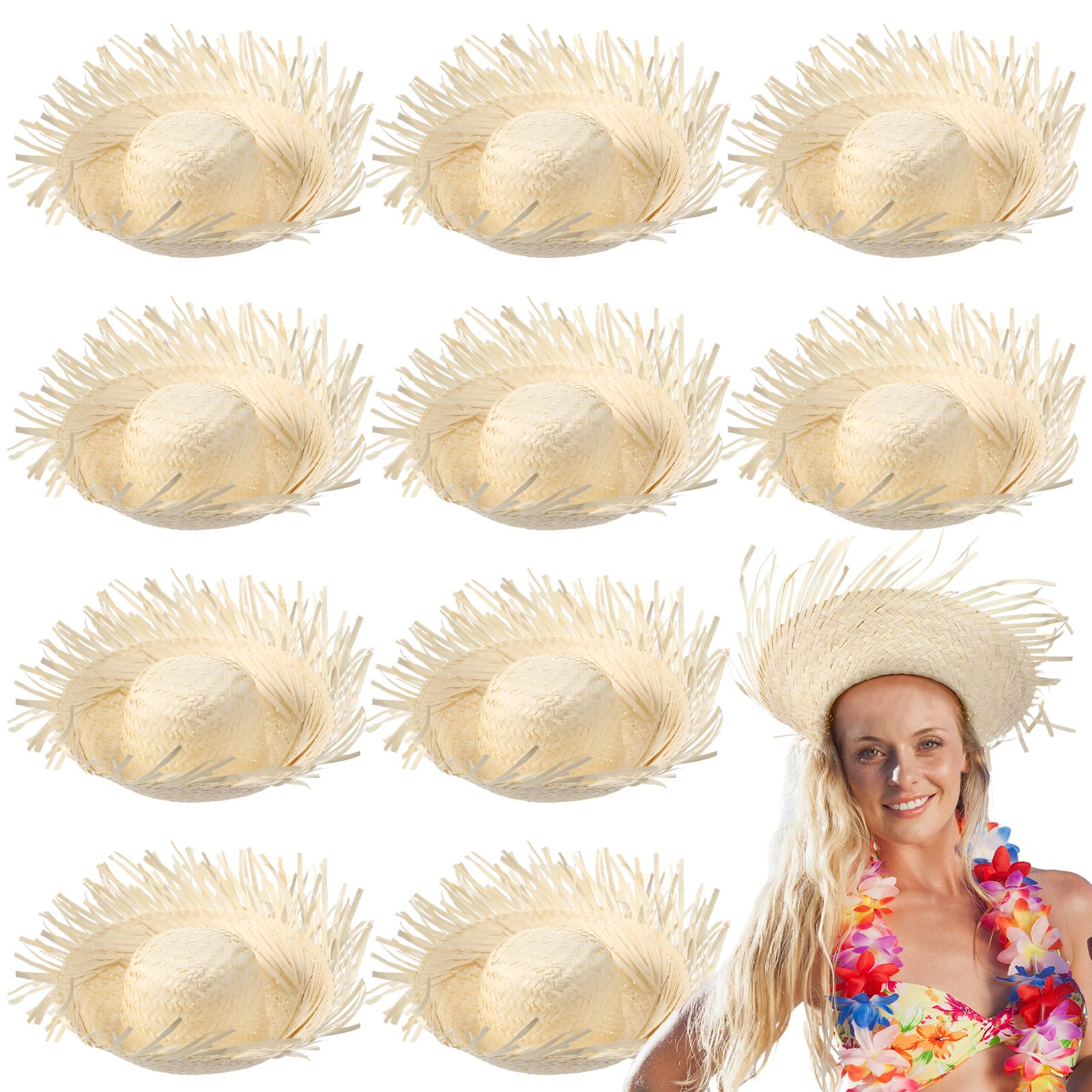 Hercicy 10 Pcs Adult Hawaiian Luau Straw Hats Pava Hat Puerto Rico Beachcomber Hats for Party Costumes Accessories Decor