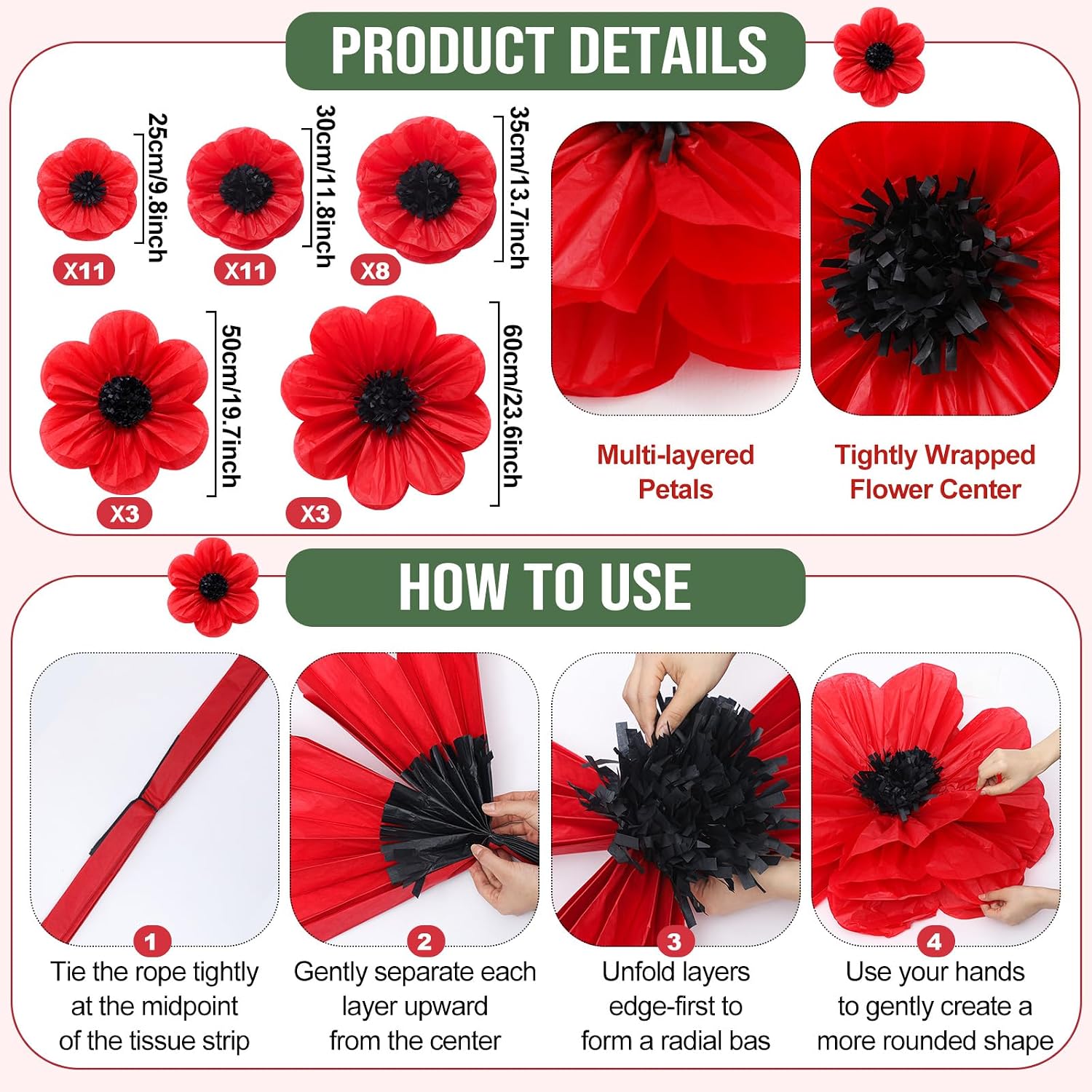 36 Pcs Tissue Paper Flowers Decoration Sizes 10" to 24'' Hanging Tissue Paper Pom Poms in 5 Flower Shapes Decor for Birthday Bachelorette Wedding Baby Shower Bridal Shower Party (Red Poppy)