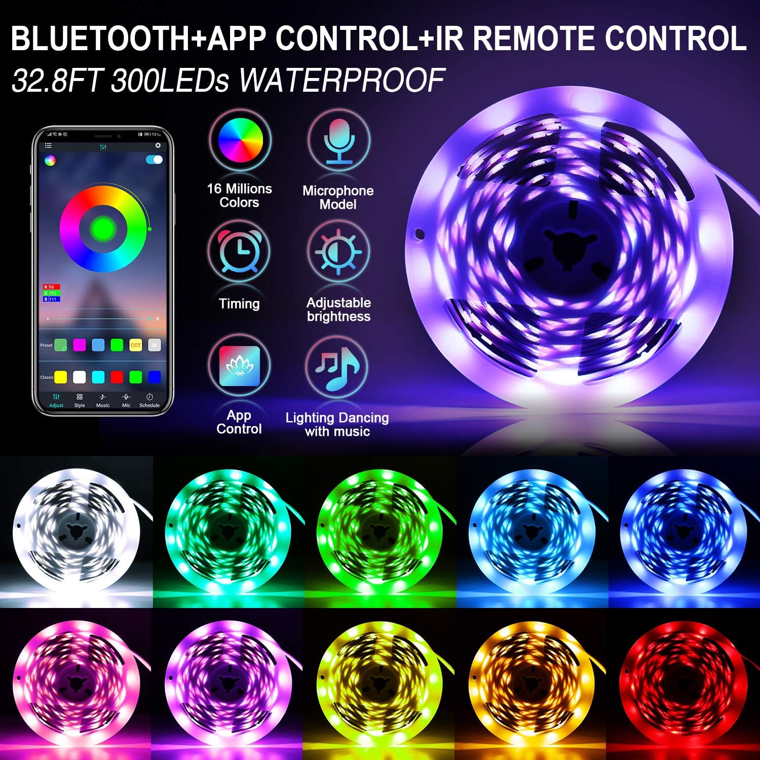 Bluetooth LED Lights Strips 32.8ft with APP Control, Music Sync Waterproof Flexible RGB Color Changing LED Strips Lights for Bedroom Room,LED Neon Tape Rope Lights with Remote for Gaming Mood Lighting