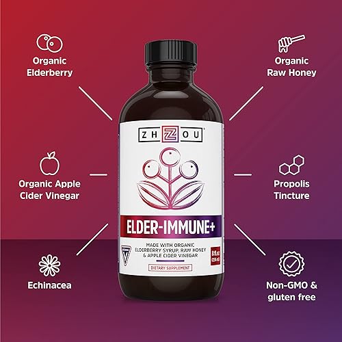 Miniatura 6 de Zhou Nutrition Elder-Mune+ Jarabe – Jarabe orgánico de saúco negro para adultos, elixir de apoyo inmunológico con vinagre de sidra de manzana,