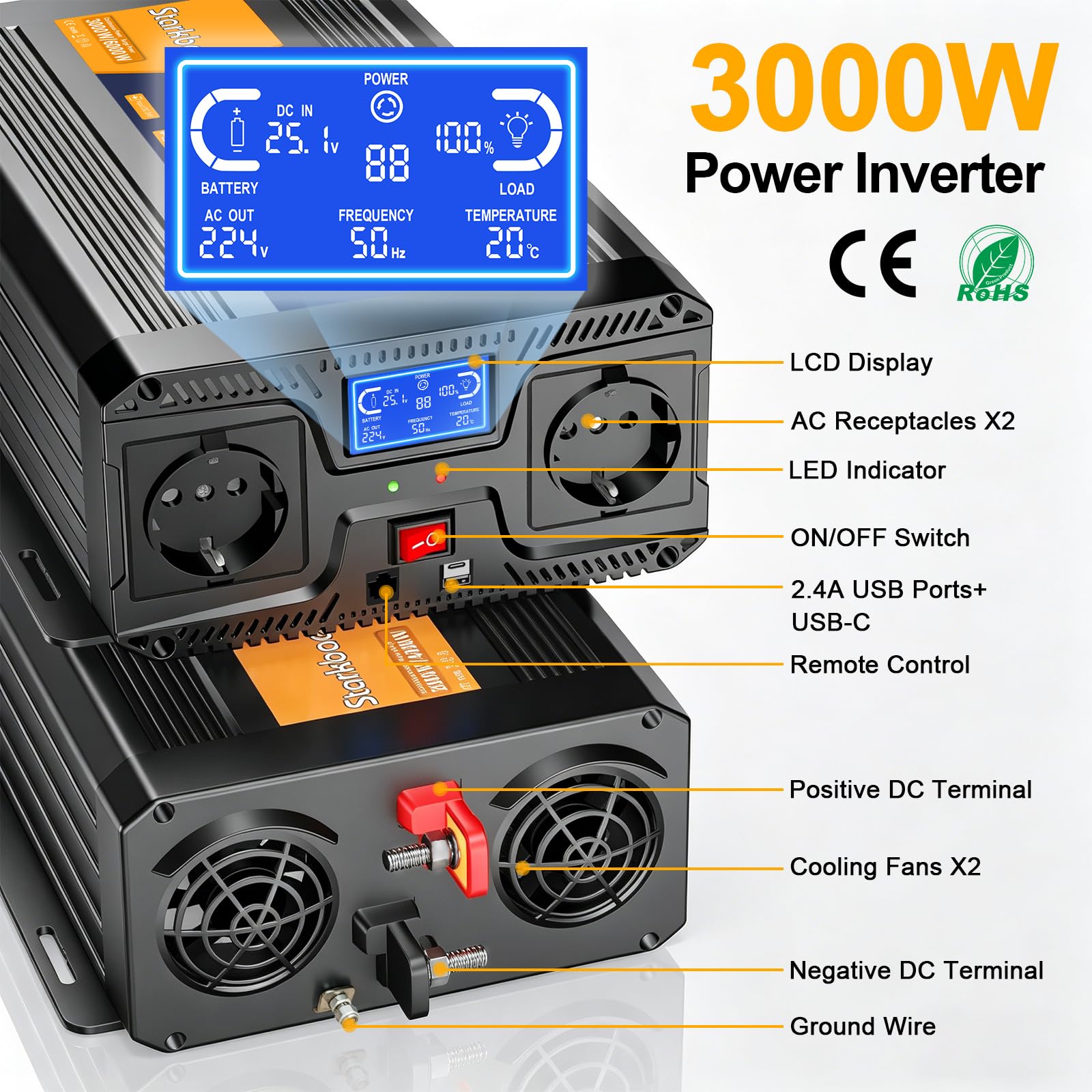 3000W/6000W Inverter 24V 220V Onda Pura, Trasformatore 220V 24V, Convertitore per Auto, Con schermo LCD, telecomando, presa CA e USB-C. Per camper, auto, solare, campeggio e blackout [Classe A+]