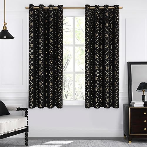 Beauoop Cortinas 100% opacas de 54 pulgadas de largo para dormitorio, sala de estar, cortinas con patrón dorado marroquí, con aislamiento térmico y