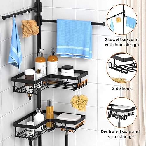 Miniatura 2 de KEGII Barra de tensión negra para ducha con 2 barras de toalla, organizador de baño de esquina ajustable, estantes de almacenamiento de bañera