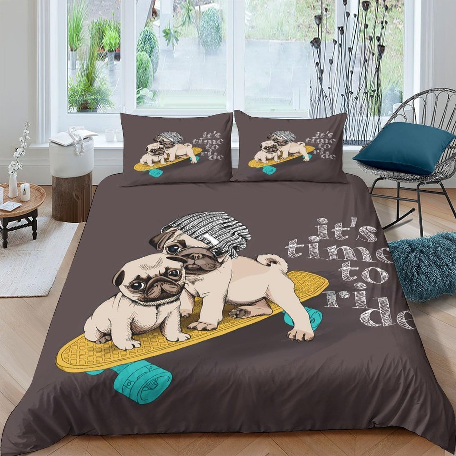 Ctjqhvkz Style-9 3D Printed Skateboarding Pug Fitted Sheet Microfiber Brown Cartoon Dog Mattress Cover For Bedroom Guest Room Decor Single（135X200cm）