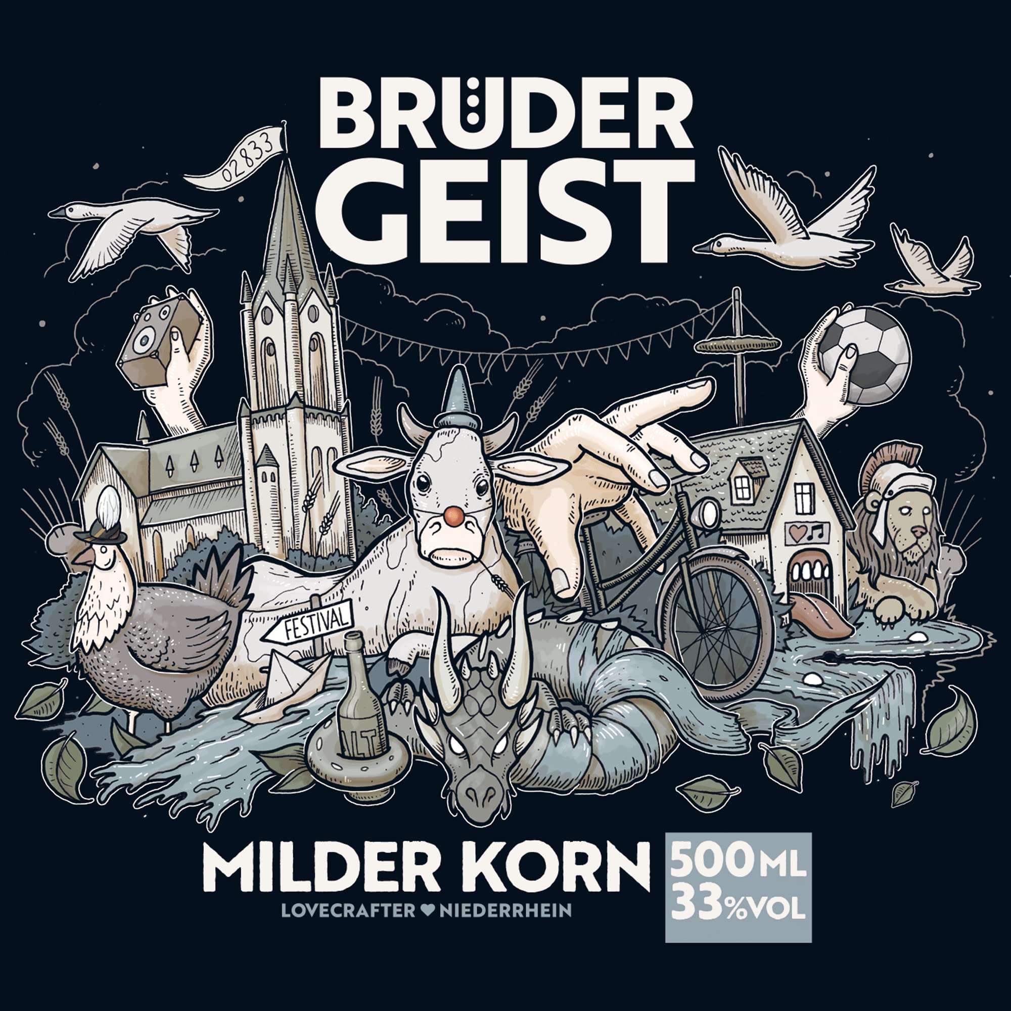 Brüdergeist Milder Korn | Fassgelagerter Weizenkorn | mind. 6 Monate in Limousin-Eiche gelagert | Extra Mild | Ausgezeichnete Premiumspirituose | Flasche=Unikat | Vom Niederrhein | 33% Vol. | 500ml