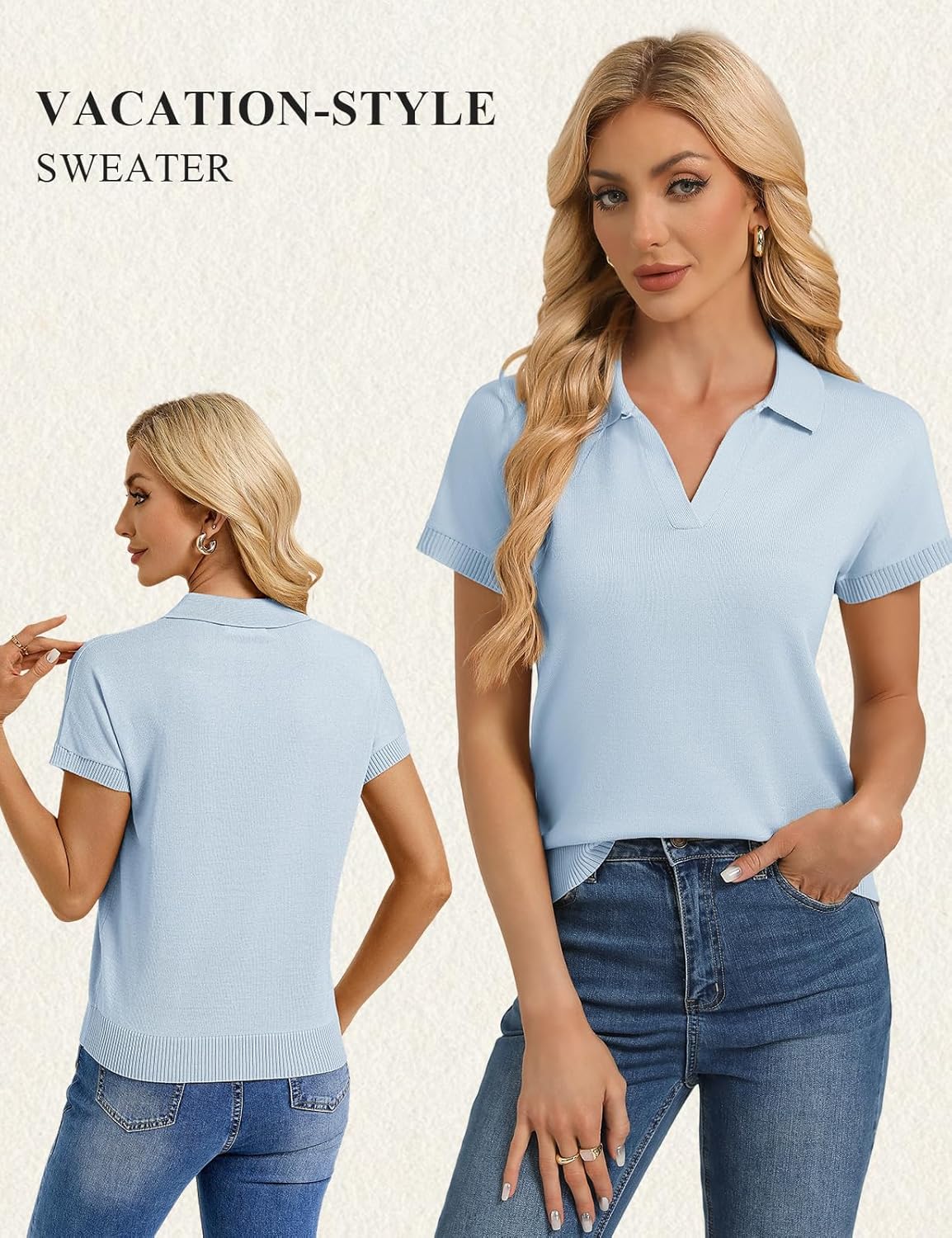 GRACE KARIN Women Short Sleeve Sweater, Business Casual Knit Polo Shirt, V Neck Collared Pullover Tops - Image 3