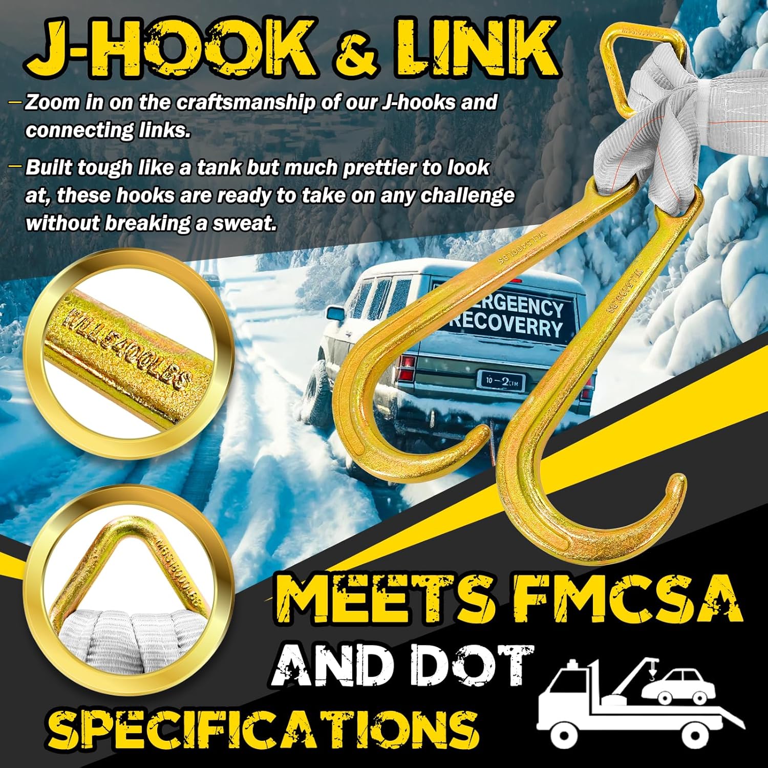 Tow Straps V Bridle w/ 15'' J Hooks | 3" x 24'' Recovery V Strap for Car Hauler, Wrecker Rollback | 5400 lbs Working Load | Heavy Duty Tow Straps with Hooks for Towing and Recovery