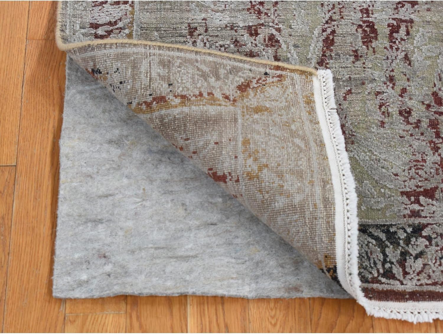 Battleship Gray Broken and Erased Tulip Design Silk with Textured Wool Hand Knotted Runner Oriental Rug (2'6"x9'10")