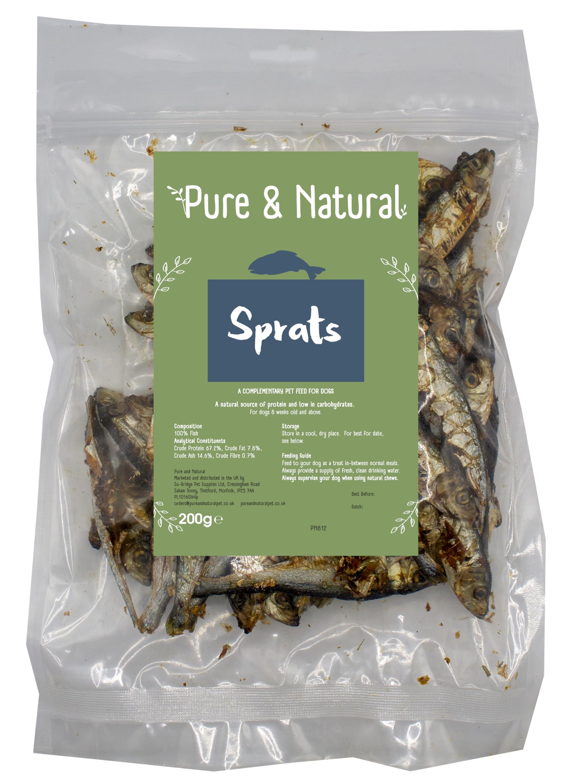 Pure & Natural Sprats Dog Treats 200g - Dried Fish for Dogs, High in Omega-3, Supports Skin & Joint Health