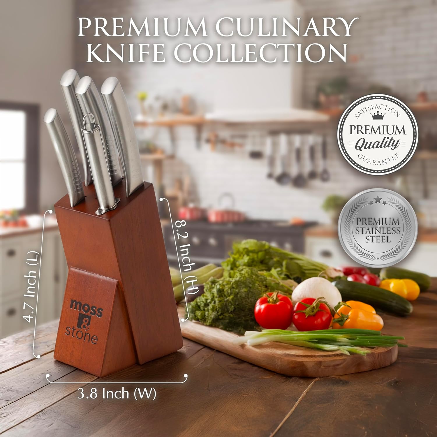 Moss & Stone Professional Kitchen Knife Chef Set, 6 Pcs Small Knife Set With Block, Premium Kitchen Knife Set Stainless Steel, Scratch Resistant & Rust Proof, Knife Block With Sharp Cooking Knives.