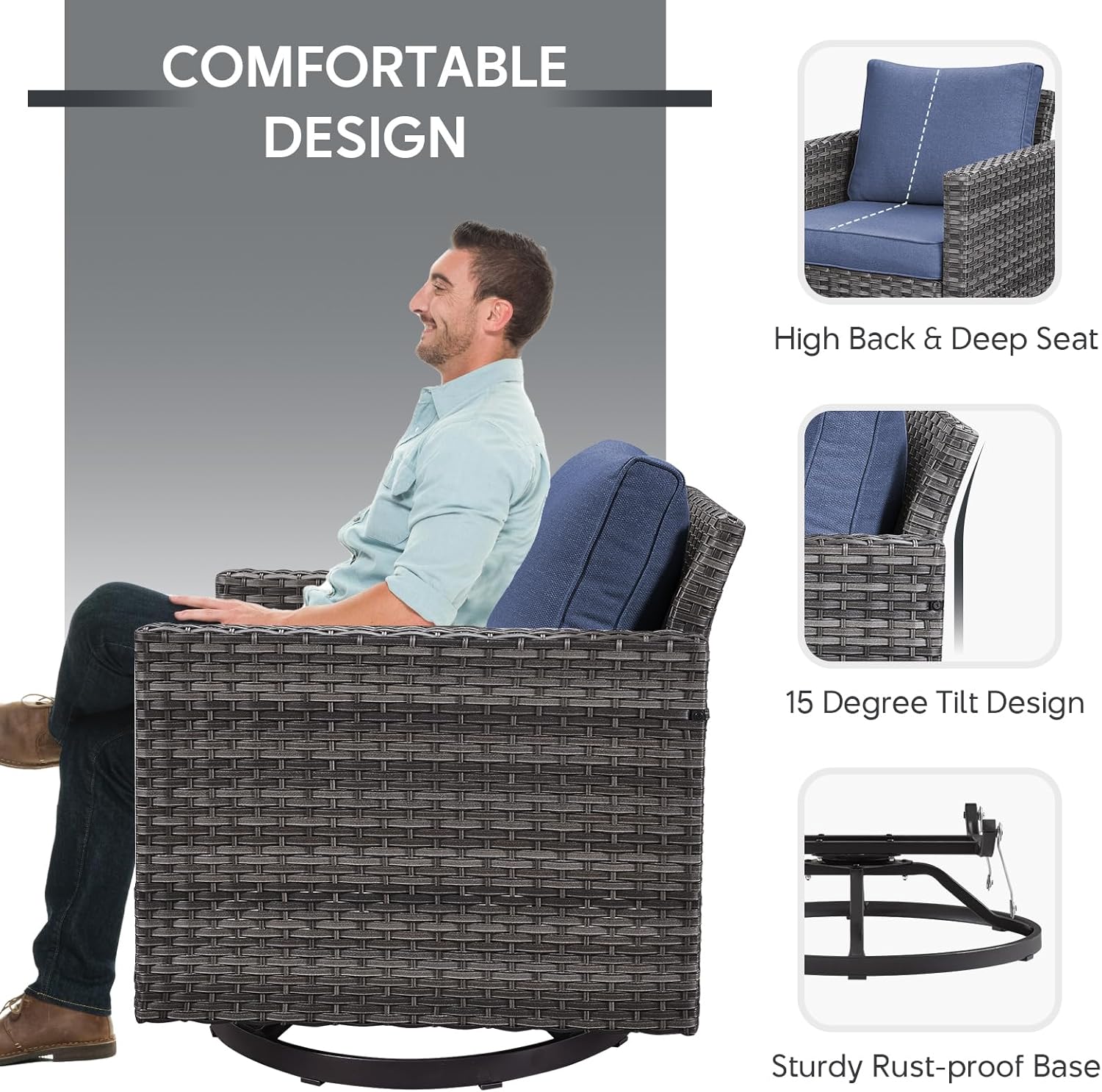 Outdoor Swivel Rocker Patio Chairs - 3 Piece Wicker Patio Furniture Set with Side Table, 360° Proch Swivel Glider Outdoor Rocking Bistro Set for Balcony Deck Poolside - Grey/Blue