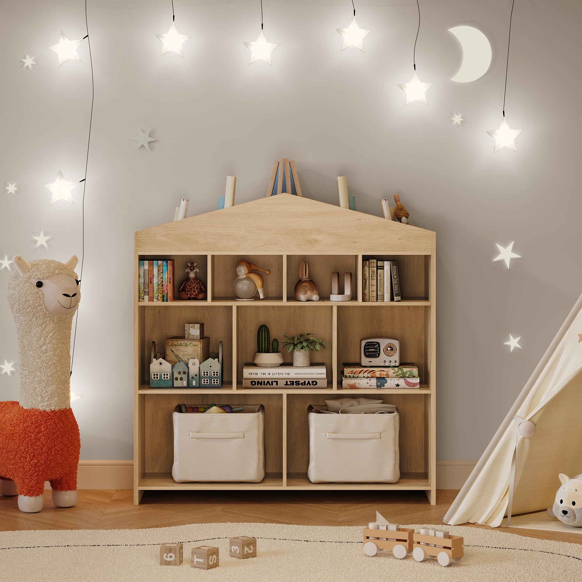 Kinderregal Hausform Holz, 103,5x100x30 cm | 4 Etagen Aufbewahrungsregal, Für Spielzeug & Bilderbücher, Ideal für Kinderzimmer, Spielzimmer oder Kindergarten