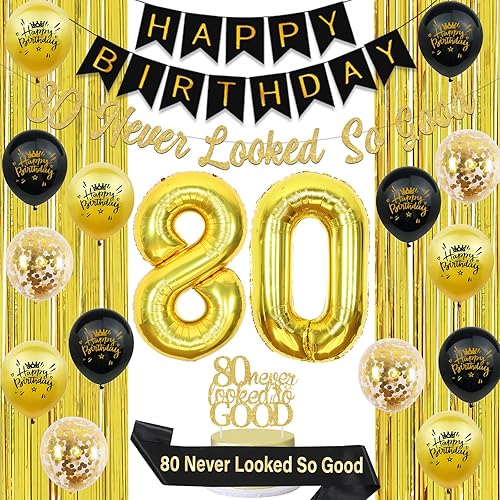 Decoración de cumpleaños número 80 para hombres y mujeres, suministros de cumpleaños de 80 aniversario, pancarta de feliz cumpleaños negro dorado 80