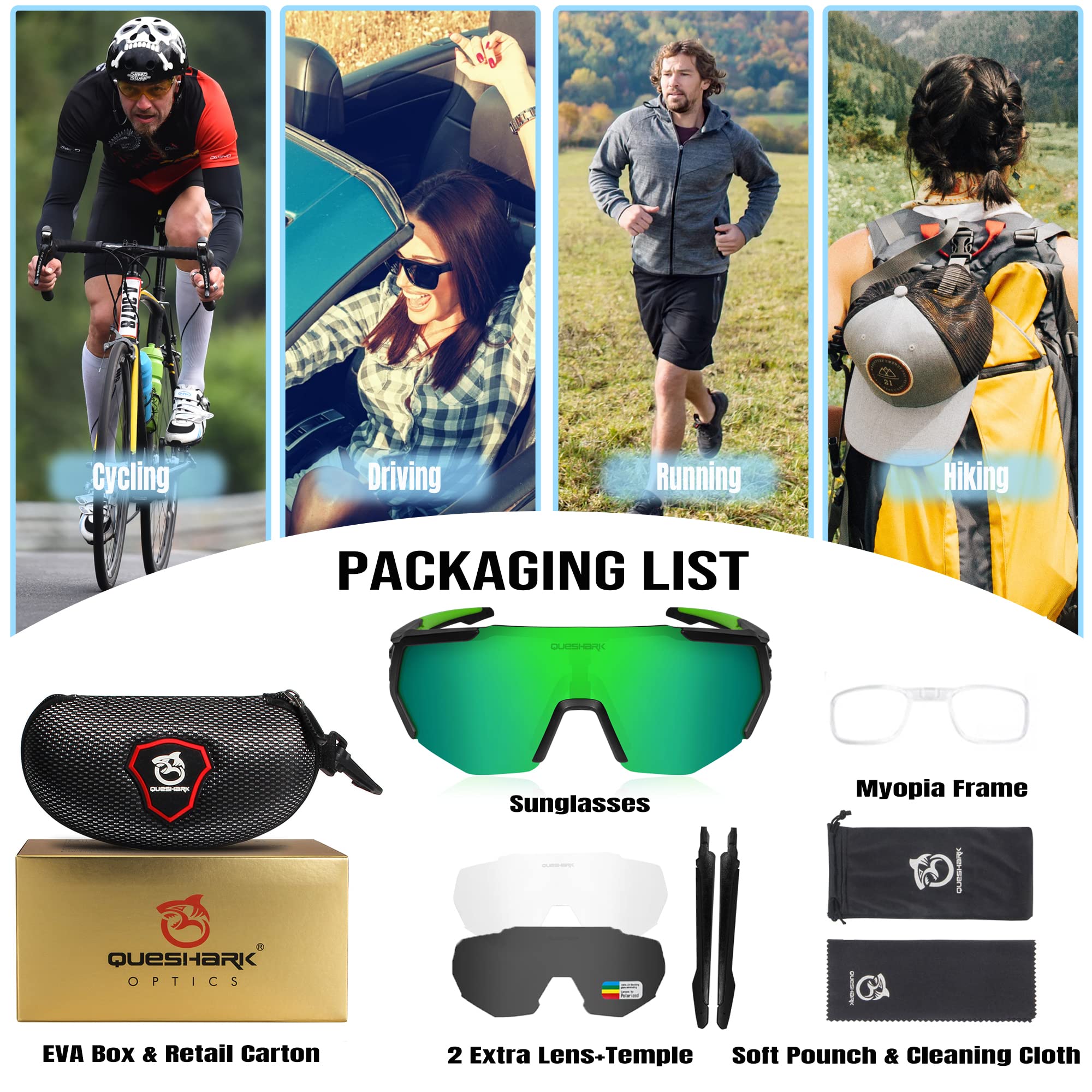 Queshark Polarizzati Anti-UV con 3 o 5 Lenti Occhiali da Ciclismo Bici MTB Intercambiabili per Sport Uomo Donna Guida Pesca Golf Baseball Corsa