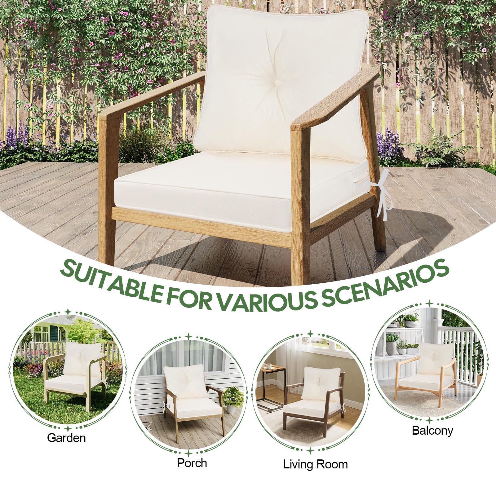 Coussin de chaise de jardin avec dossier, 7 cm d'épaisseur, imperméable, pour canapé à dossier bas - Coussin de rechange pour mobilier de jardin avec attaches - 50 x 50 cm - Beige