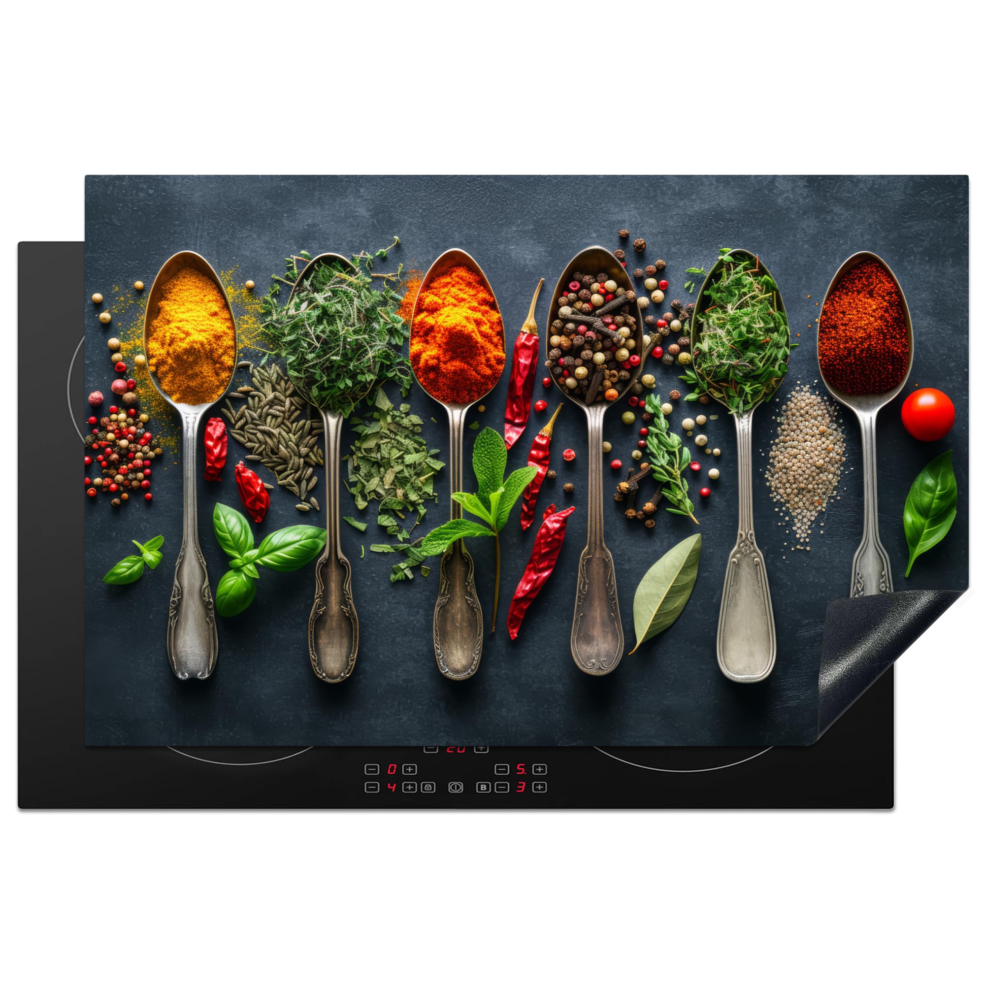 KitchenYeah© Induction Hob Protector Mat 20.5"x31.5" / 80x52 cm Stove Cap Top Cover Kitchen Cooker Covers for Electric Hobs Vinyl Herbs - Spoons - Concrete - Pepper - Spices — image 1