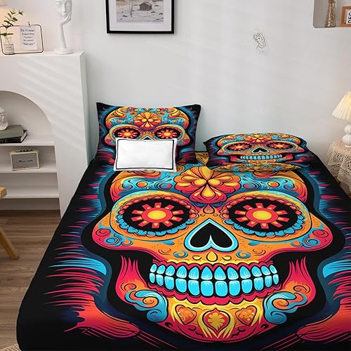 Miniatura 2 de Day of The Dead - Juego de sábanas de 4 piezas, tamaño King, diseño de calavera de azúcar, sábanas y fundas de almohada, 4 piezas, sábana bajera