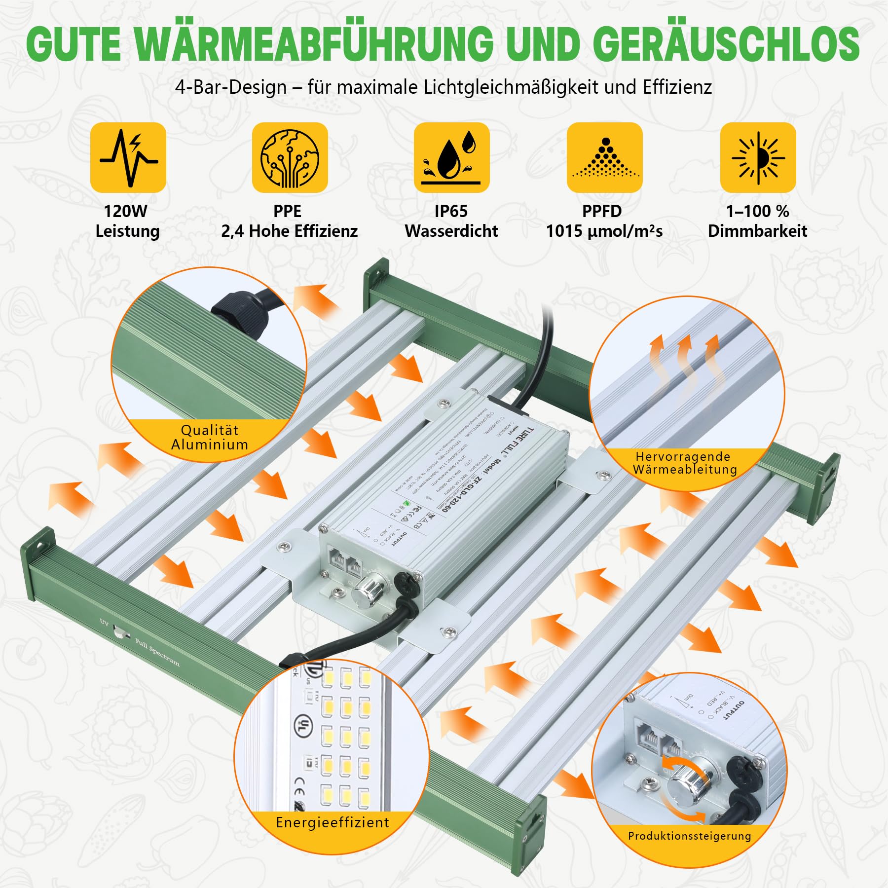 Grow Box Kit Completo, Tenda da Crescita, Luce per Piante da 120W, Kit Completo di Tenda idroponica 600D con Sistema di Ventilazione, con Termoigrometro e Timer(60x60x180CM-4Z)