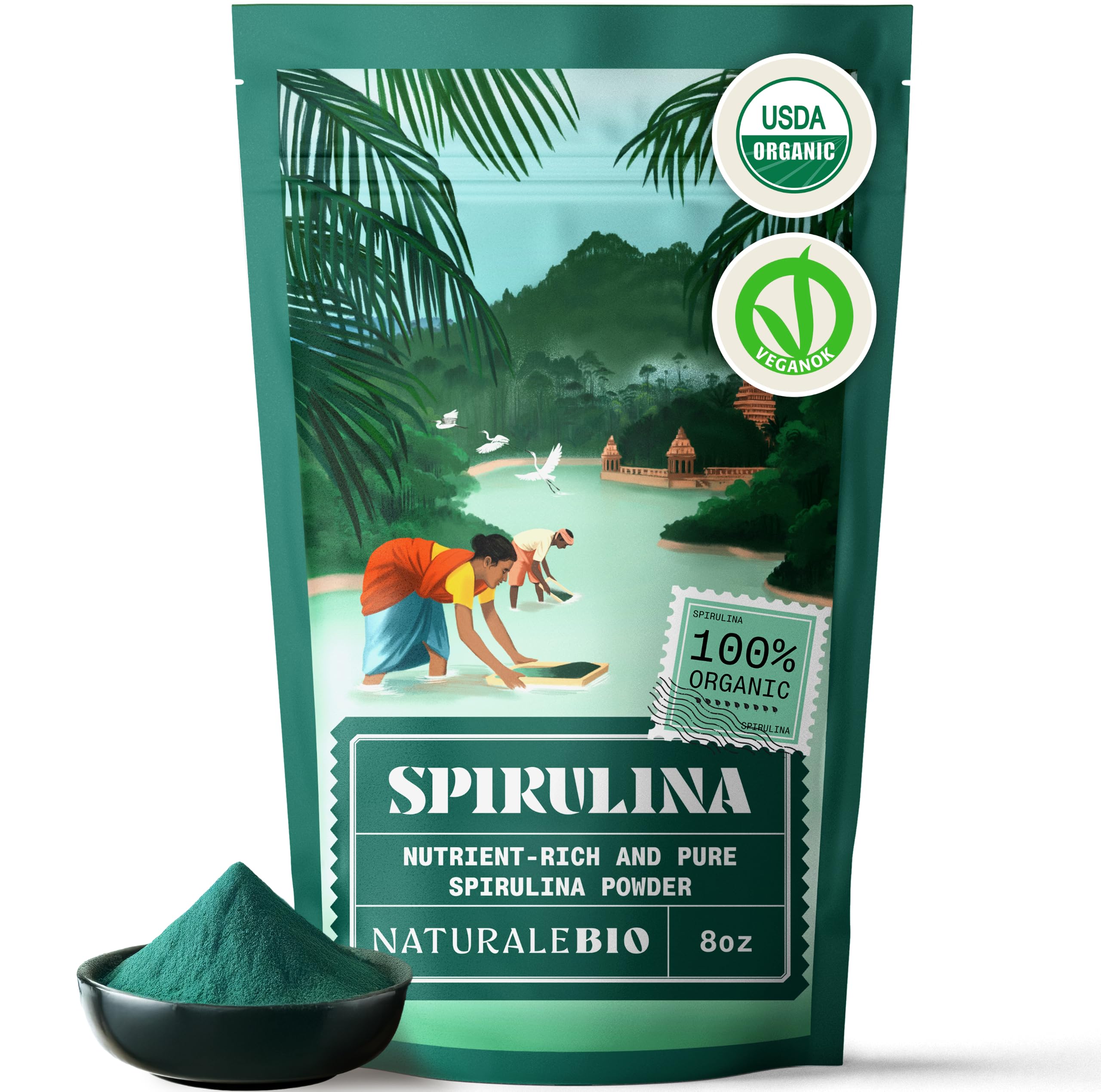 NaturaleBio Spirulina Powder Organic 8 oz. Natural and Raw Spirulina Algae Powder. Vegan and Pure. Cultivated in India in Tamil Nadu. Ideal for Drinks, Smoothies and Recipes.