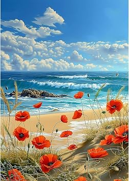 NEWENMO Beautiful Beach Diamond Painting Kits Adults,5D Poppies and Waves Diamond Art,DIY Diamond Arts Mosaic Kits for Adults Beginner,Full Round Drill Gem Art for Home Decoration,30x40cm