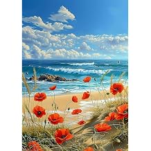 NEWENMO Beautiful Beach Diamond Painting Kits Adults,5D Poppies and Waves Diamond Art,DIY Diamond Arts Mosaic Kits for Adults Beginner,Full Round Drill Gem Art for Home Decoration,30x40cm