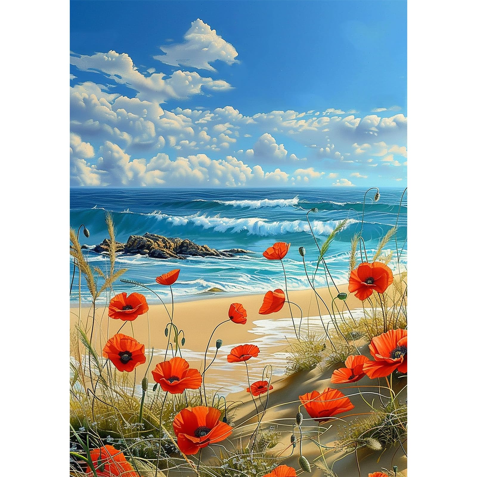 NEWENMO Beautiful Beach Diamond Painting Kits Adults,5D Poppies and Waves Diamond Art,DIY Diamond Arts Mosaic Kits for Adults Beginner,Full Round Drill Gem Art for Home Decoration,30x40cm
