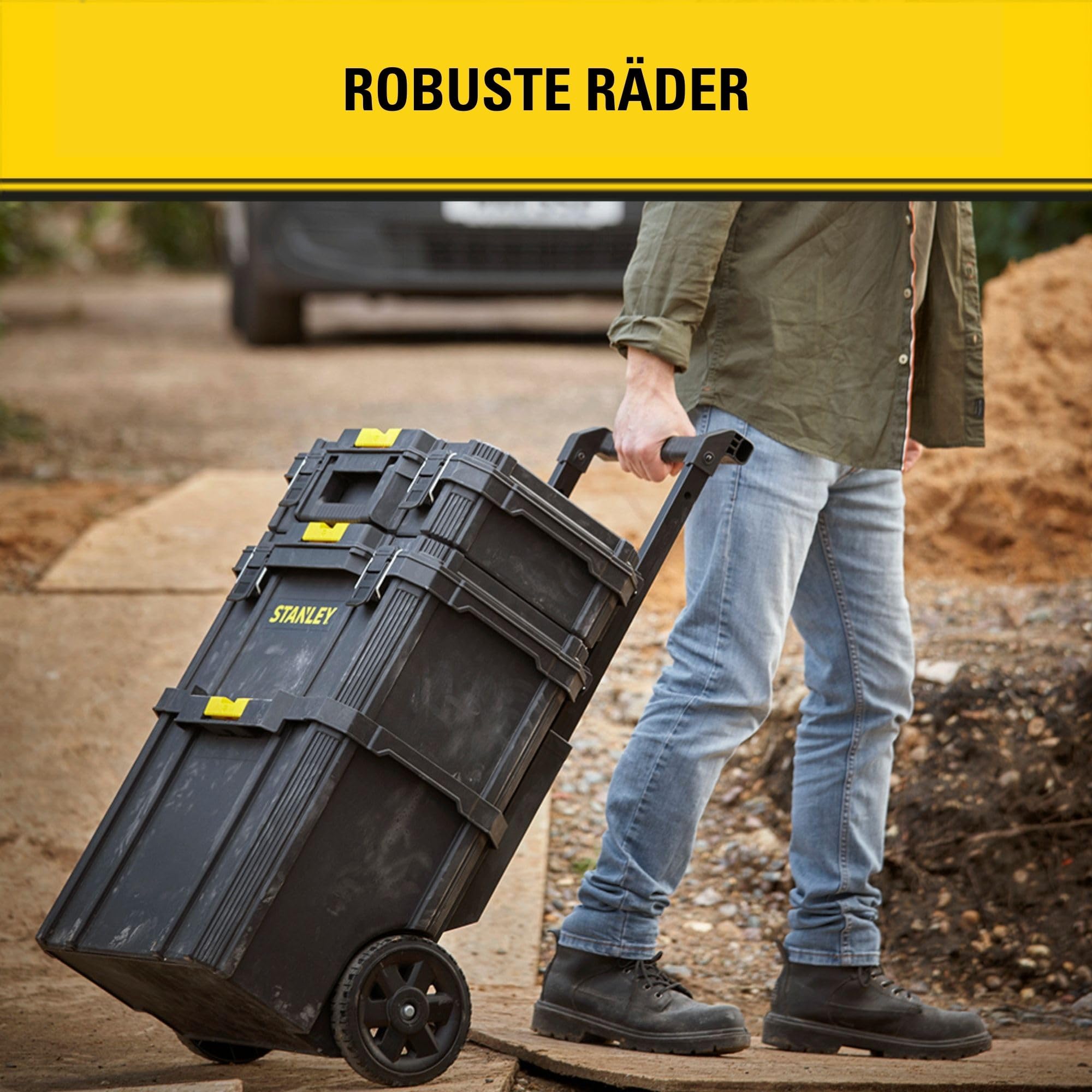 STANLEY Modulare rollende Aufbewahrungs-Werkzeugkiste, STST83319-1 | 3-in-1 tragbare Werkstatt, Schwerlast-Räder, Teleskopstiel, 45 kg Tragfähigkeit, 80 L Volumen