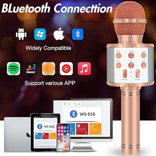 Miniatura 2 de Winique Micrófono de karaoke para niños con Bluetooth y luces LED, juguetes divertidos 5 en 1, para el hogar, KTV, fiesta de cumpleaños, relleno de