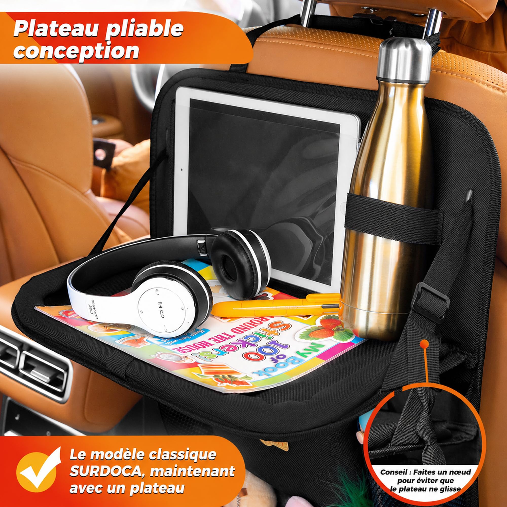 SURDOCA Organiseur de voiture pour enfant avec table pliante et compartiment pour tablette tactile, protection étanche du dossier, s’adapte à la plupart des véhicules