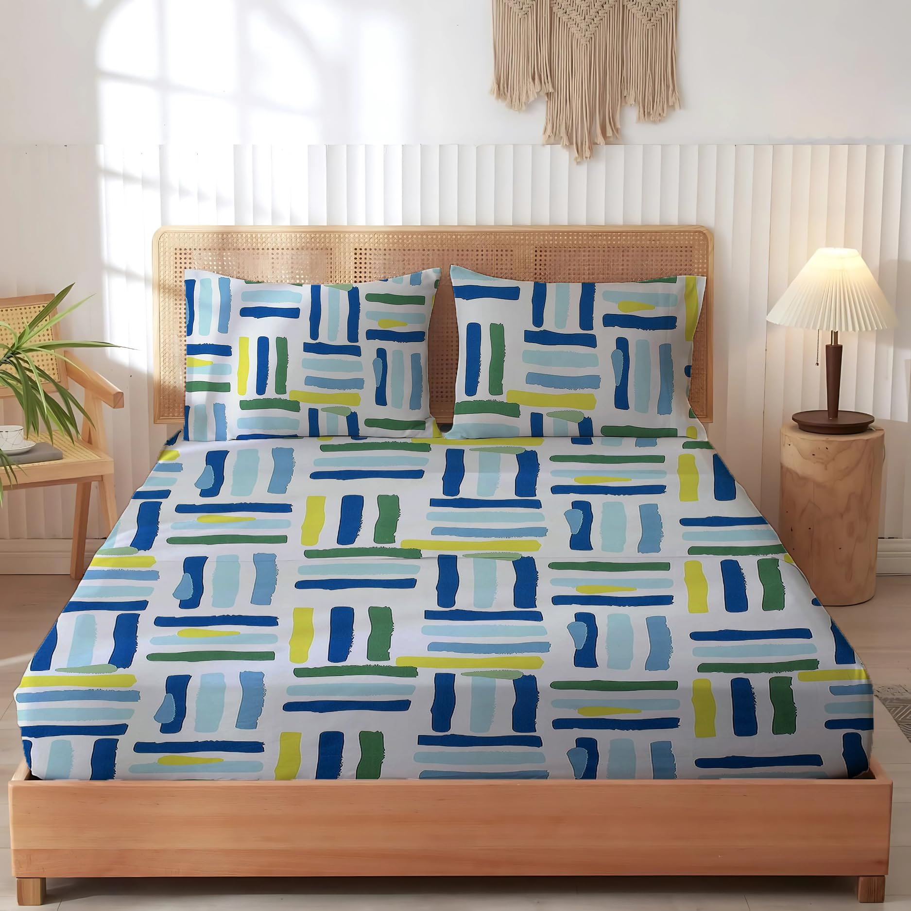 Premium Cotton Elastic Fitted Bedsheets with 2 King Size Pillow Covers | Double Bedsheet with All Around Elastic Size- 72x78 Inch, Bold Lines-image-23