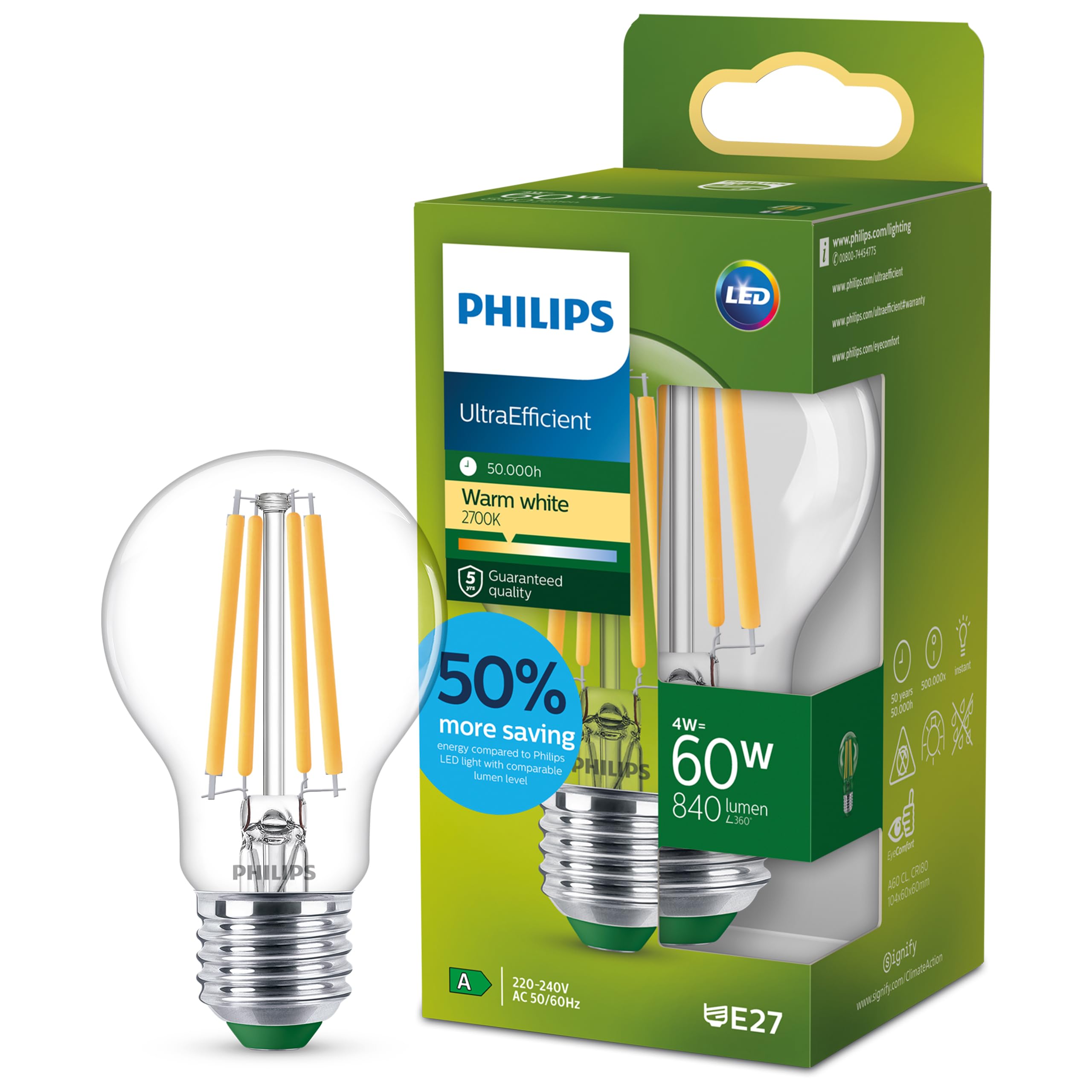 Philips Led Ultra Efficient Lamp E27 A60 4W 2700K In Clear Glass