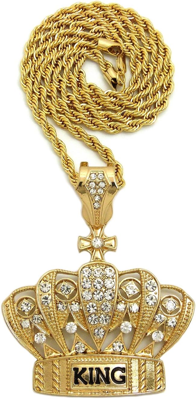 Fashion 21 Hip Hop Iced Out King Crown Pendant 24", 36" Various Chain Necklace in Gold, Silver Tone (Gold - 4mm 24" Rope Chain)
