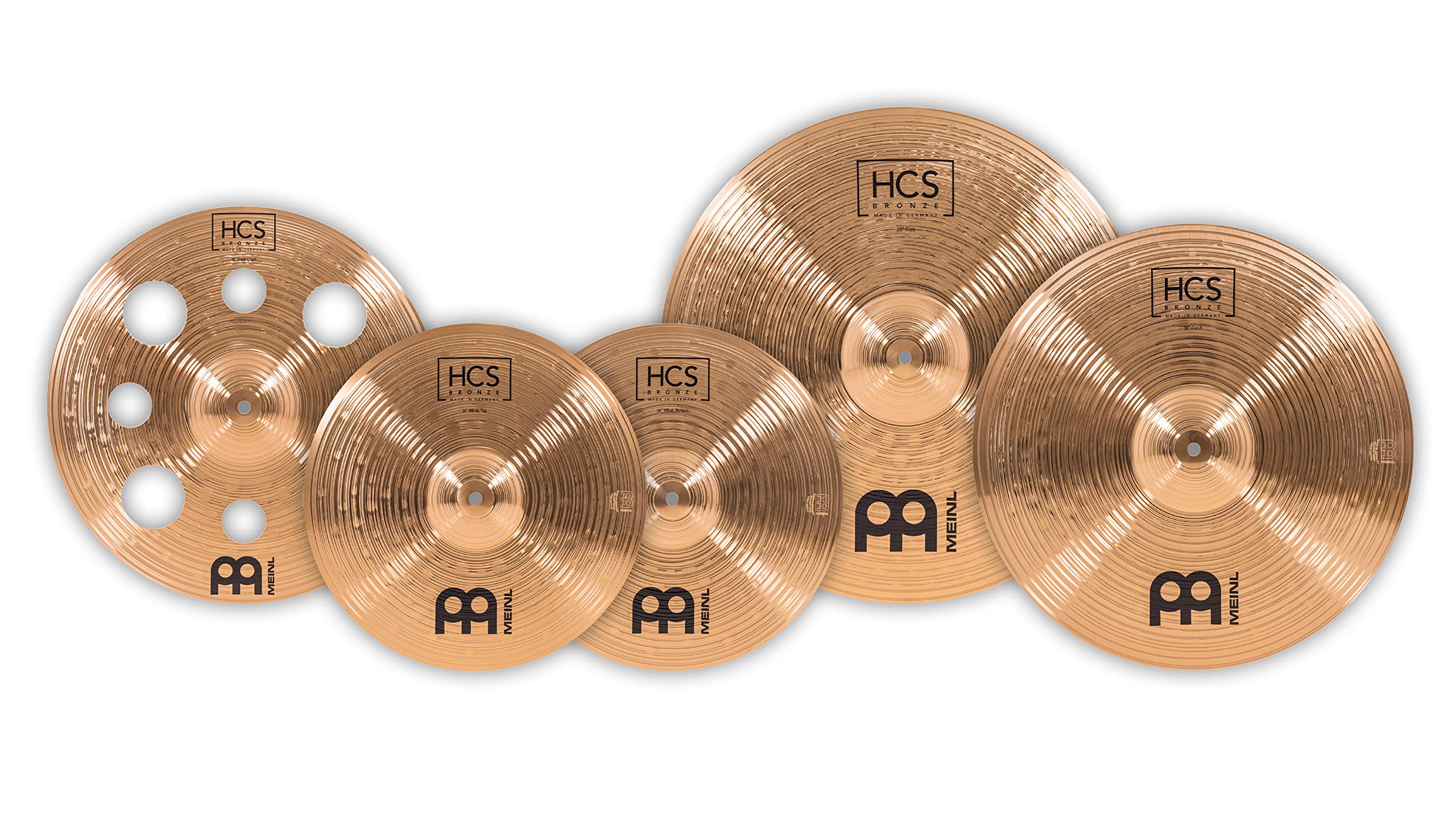 Meinl Cymbals HCS Bronze Expanded Cymbal Set di Piatti Box Pack con Hihat 14 pollici, Trash Crash 16, Crash 18 e Ride 20 per Batteria – Bronzo B8, Finitura Tradizionale (HCSB14161820)