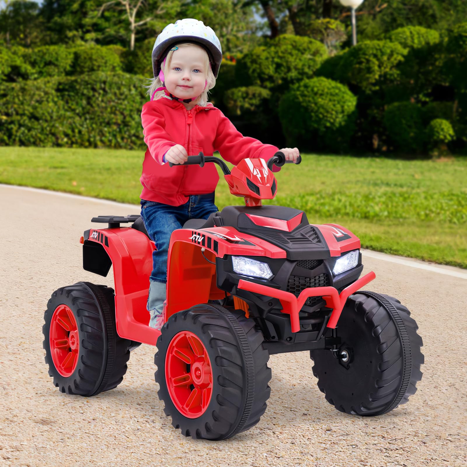 GOPLUS Quad Eléctrico ATV 24 V, Juguete de 4 Ruedas con Luces LED, Coche para Niños con Conexión Inalámbrica, Música, Radio, con Velocidad Baja y Arranque Suave para Niños de 3 A 8 Años, Negro (Rojo)