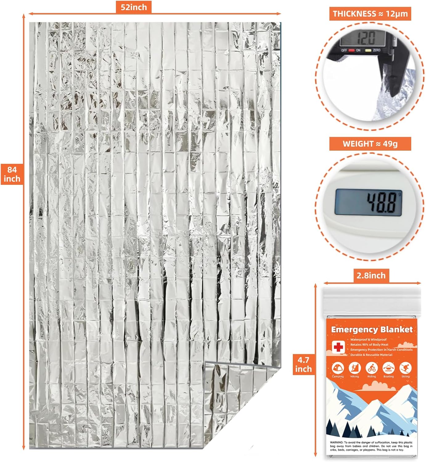 10 Pack Emergency Thermal Blanket Survival, Mylar Blankets for Outdoor, Space Blanket, Silver Foil for Survival, Survival Kit Camping Blankets, Body Warmer, First Aid, Hiking 84” x 52” thumbnail