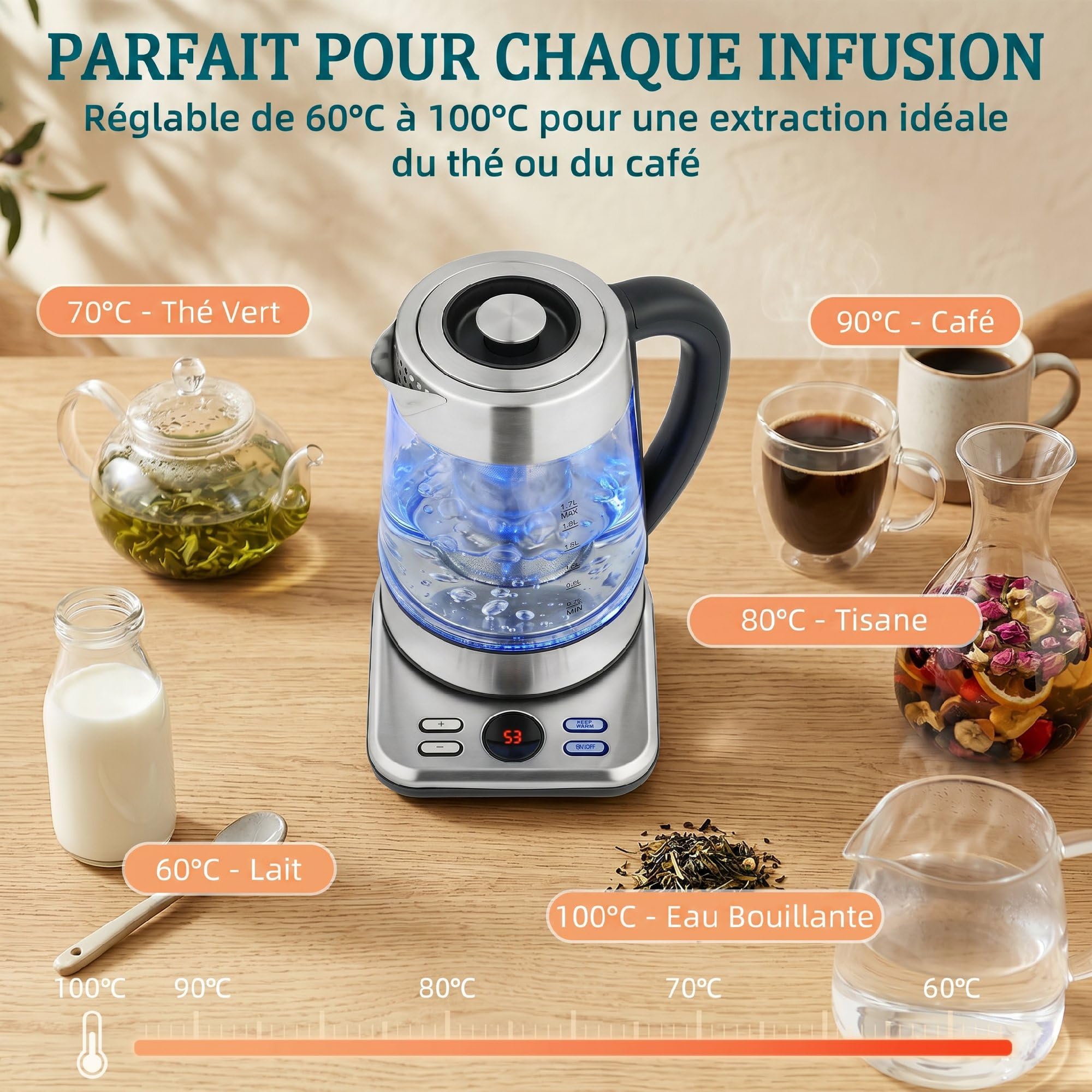 HOMCOM Bouilloire Électrique 1,7L Rapide 2200W Thermostat Strix Argent