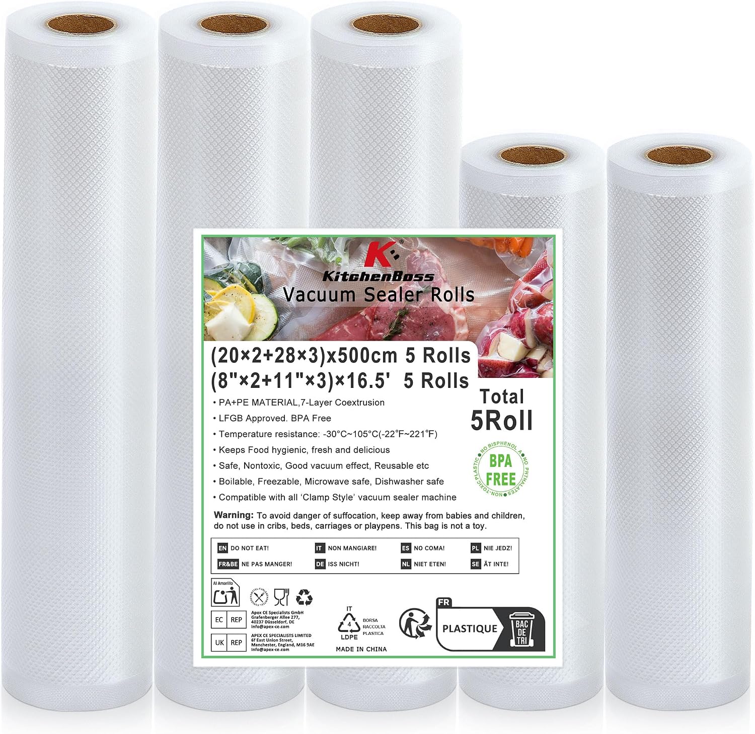 KitchenBoss Vacuum Sealer Bags Food Bags: 5 Rolls 28 x 3/20 x 2/500 cm Vacuum Film Rolls, Professional Vacuum Sealing Film for Sous Vide and Frozen, Foil Rolls for Vacuum Sealer