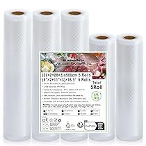 KitchenBoss Sacchetti Sottovuoto Alimenti 5 Rotoli：Buste Sottovuoto Alimenti 28×3, 20×2, x500 cm, Rotolo Sottovuoto per Alimenti Adatti per Macchina Sottovuoto, Adatto al Congelatore e al Microonde