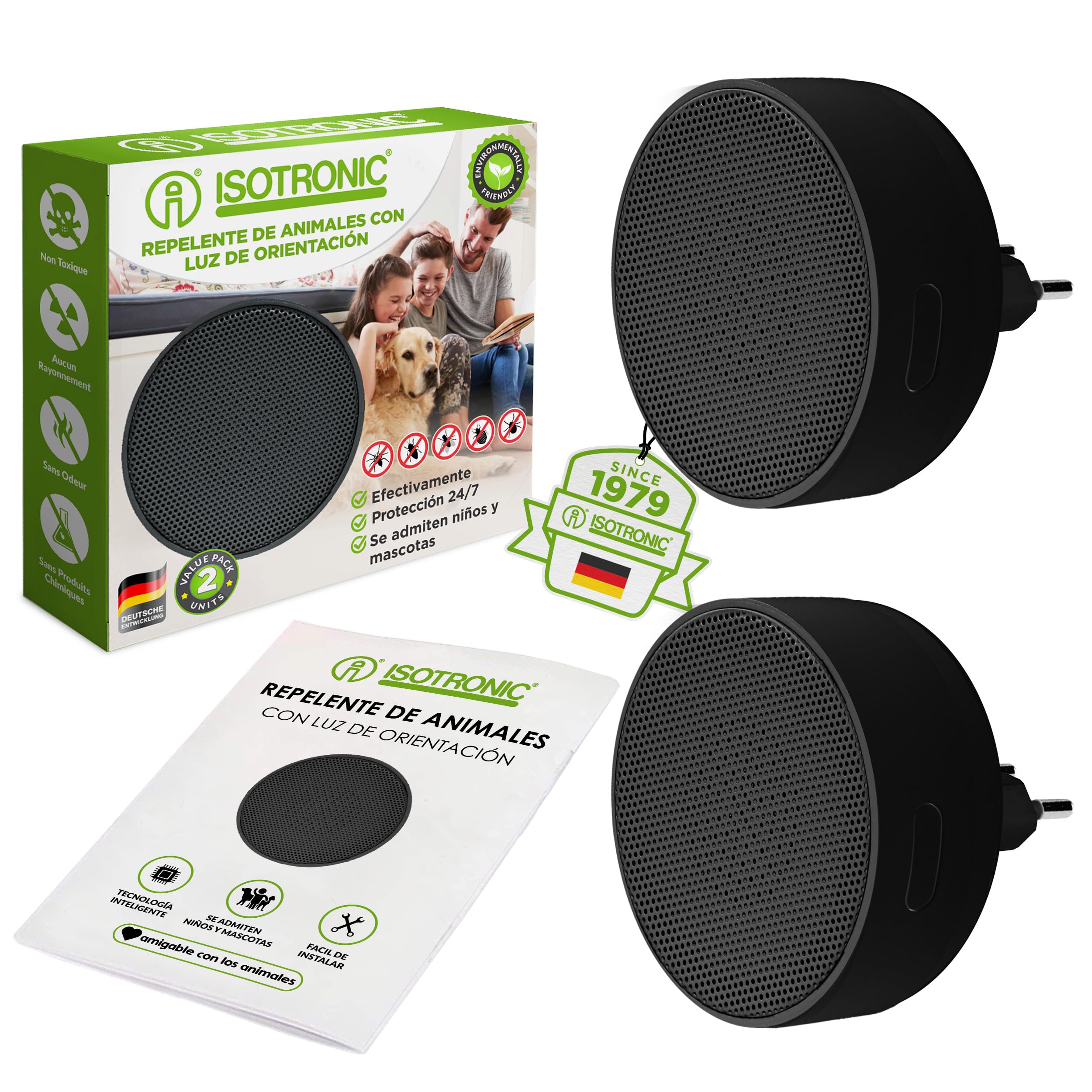 ISOTRONIC – Repelente ultrasónico de plagas para arañas, cucarachas, chinches y ácaros – Repelente de plagas con luz de orientación – Repelente de ácaros con un Alcance Efectivo de 30 m² (2 Unidades)