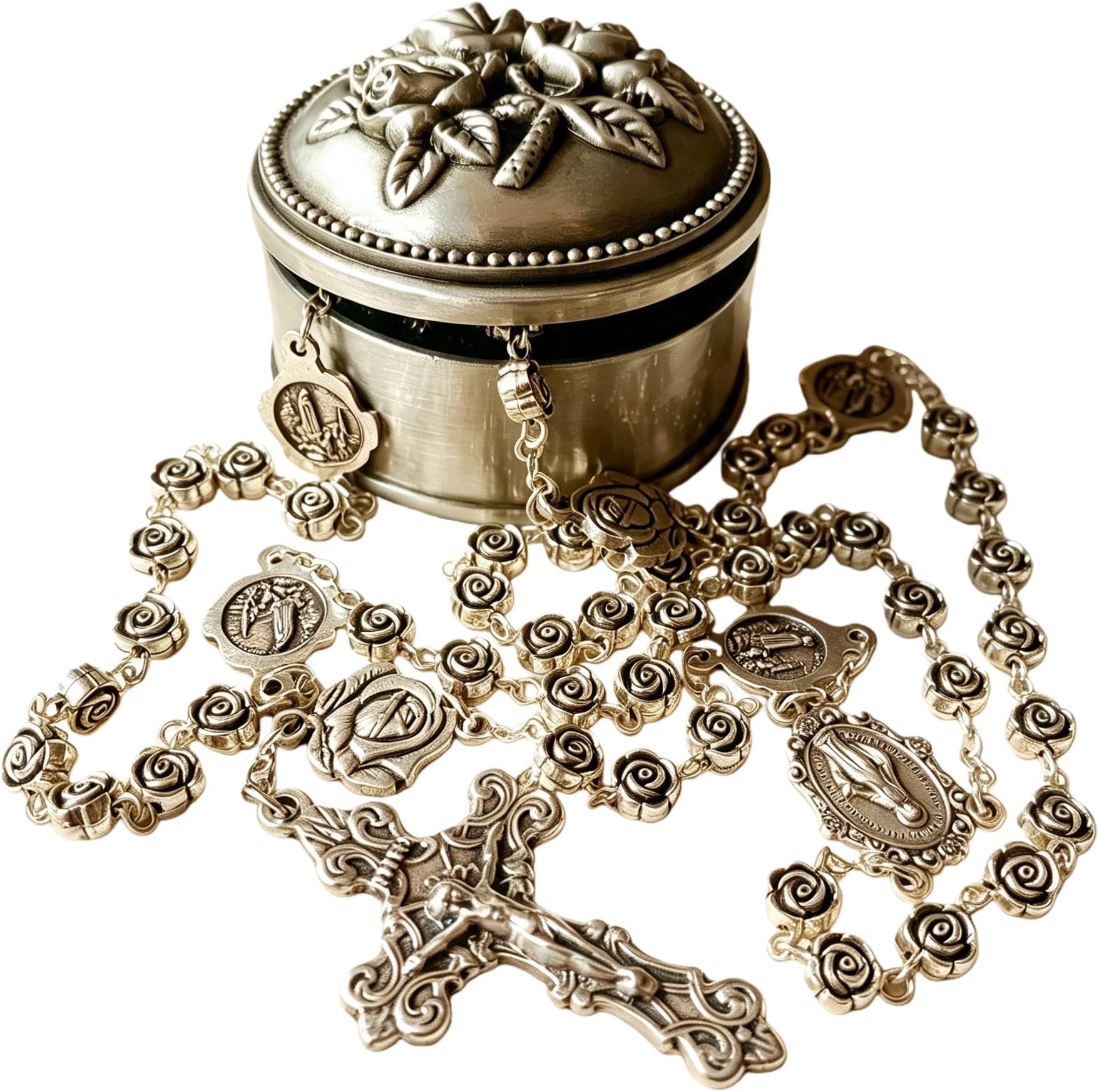 HANDMADE vintage silver rose beads Catholic Rosary Necklace Cross Gift Box Italy crucifix