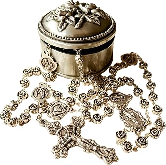 elegantmedical HANDMADE vintage silver rose beads Catholic Rosary Necklace Cross Gift Box Italy crucifix