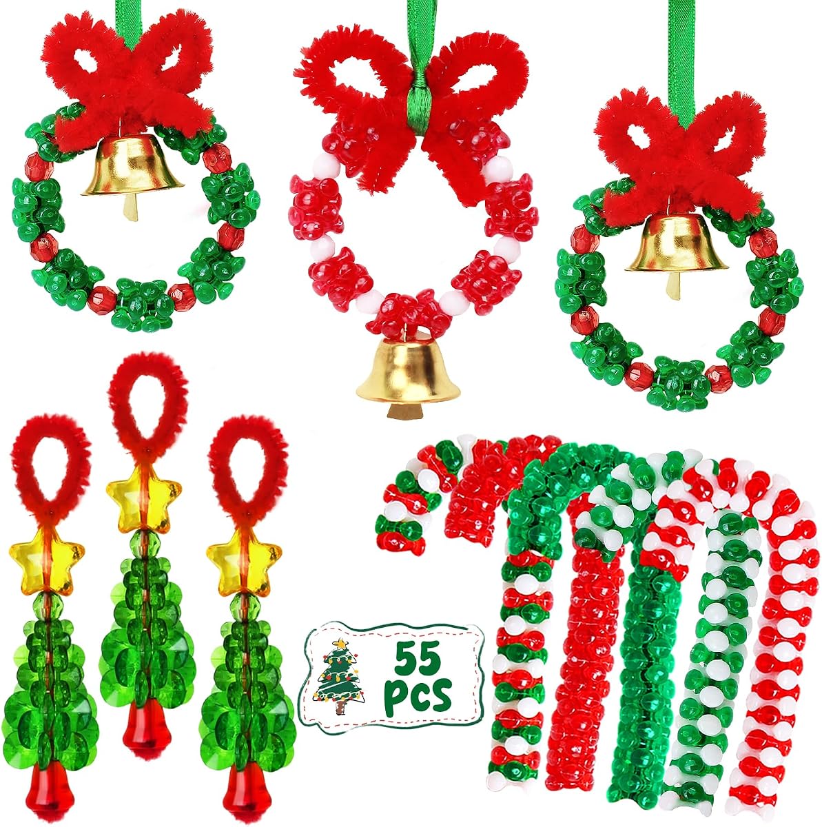 Manualidades navideñas para adultos, 55 juegos de adornos navideños con cuentas | Incluye 20 coronas/5 árboles/30 bastones de caramelo, decoración de árboles navideños, proyectos navideños, manualidades familiares divertidas de fácil montaje