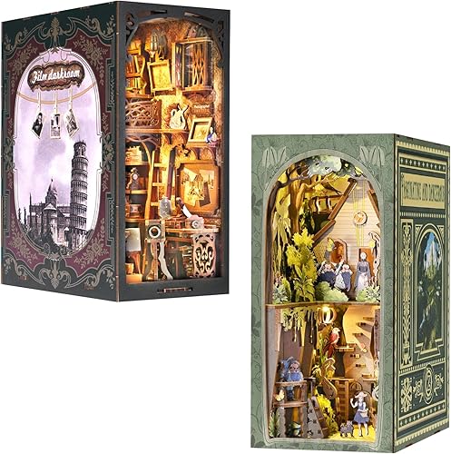 ASLOWSNAIL Kit de rincón de libros, rompecabezas 3D, casa de muñecas, sujetalibros, estantería, decoración callejón