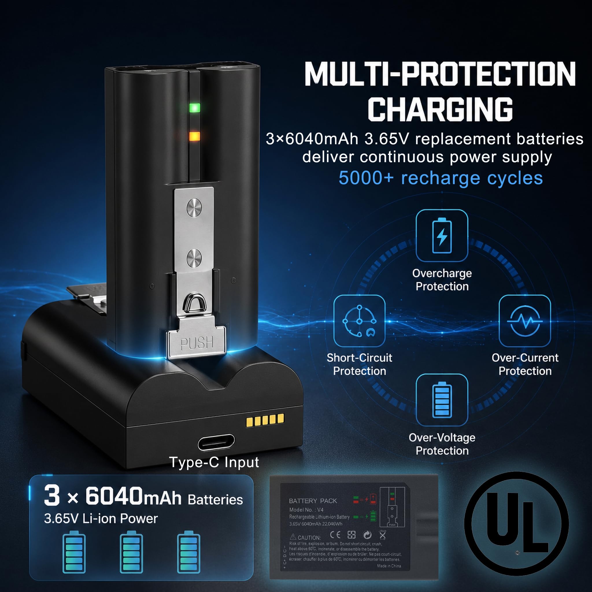 Compatibile con stazione di ricarica della batteria ad anello a 3 slot dotata di display digitale a LED, confezione da 3 batterie da 6040 mAh 3,65 V per campanello ad anello 2/3/3+/4, riflettore