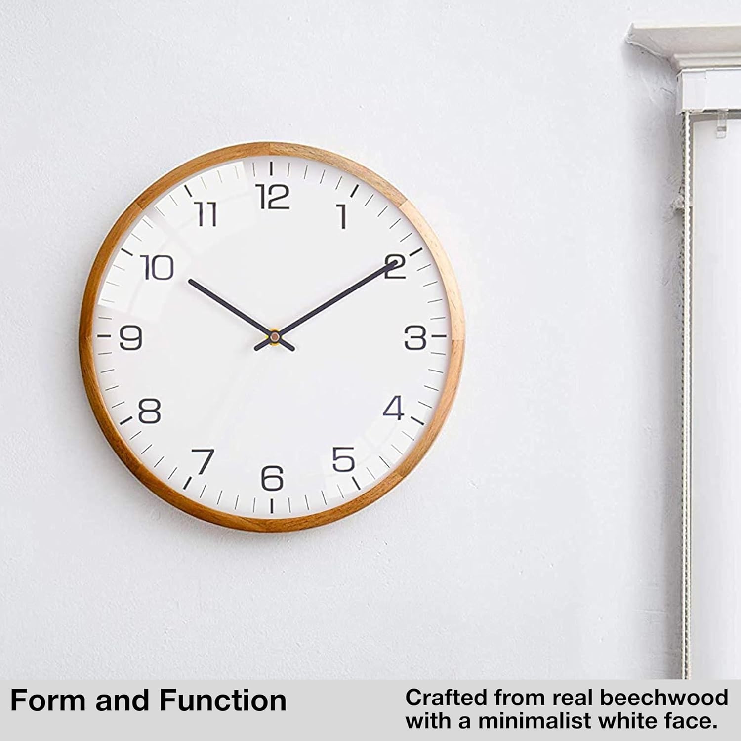 Driini Analog Dome Glass Wall Clock (12") - Wood Frame with White, Modern Face - Battery Operated with Non Ticking Hands - Large Decorative Clocks for Classroom, Office, Living Room, or Bedrooms.