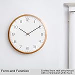 Driini Analog Dome Glass Wall Clock (12") - Wood Frame with White, Modern Face - Battery Operated with Non Ticking Hands - Large Decorative Clocks for Classroom, Office, Living Room, or Bedrooms.