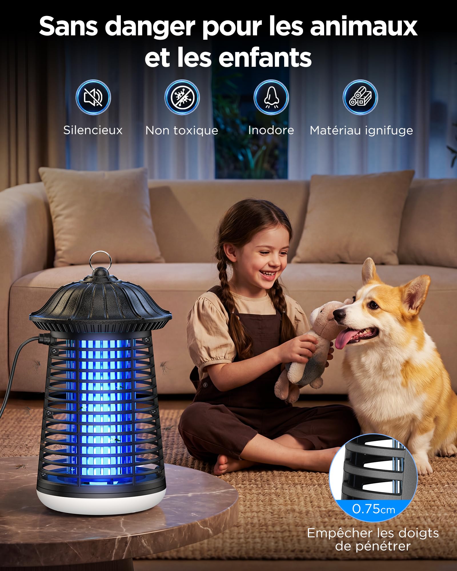 VIWAVE Lampe Anti Moustique avec éclairage LED, 15 W Piege a Mouche Puissante 4200V, Tueur d'Insectes électrique IPX4 étanche, Câble de 3m, Couverture de 150 m², pour Intérieur et Extérieur