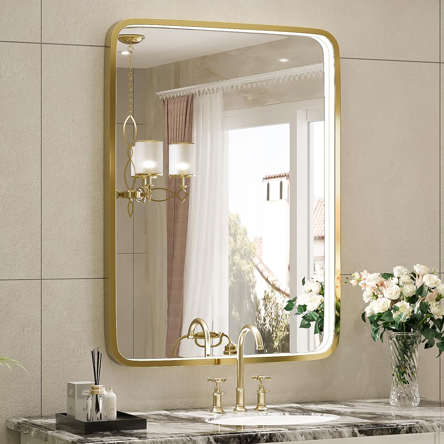 20X28 Inch Framed LED Lighted Bathroom Mirror,Wall Mounted Gold Metal Vanity Mirrors with Lights,Dimmable Illuminated Anti-Fog Mirror(Horizontal/Vertical)