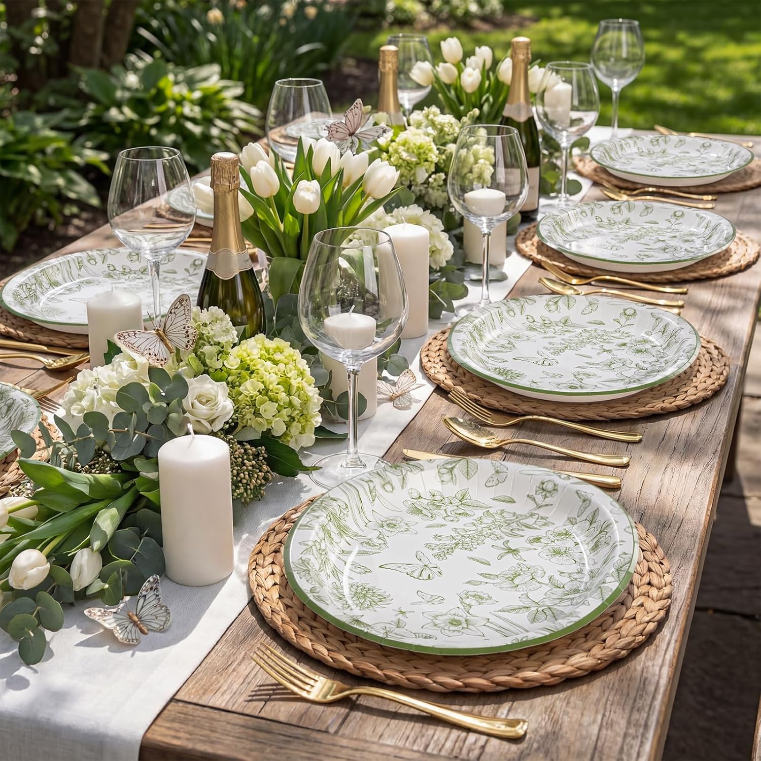 WDF 50Pack Spring Green Floral Oval Paper Plates - 10"x12"Heavy Duty Green Disposable Oval Paper Plates - Large Disposable Platters for Spring/Birthday/Picnics/Party