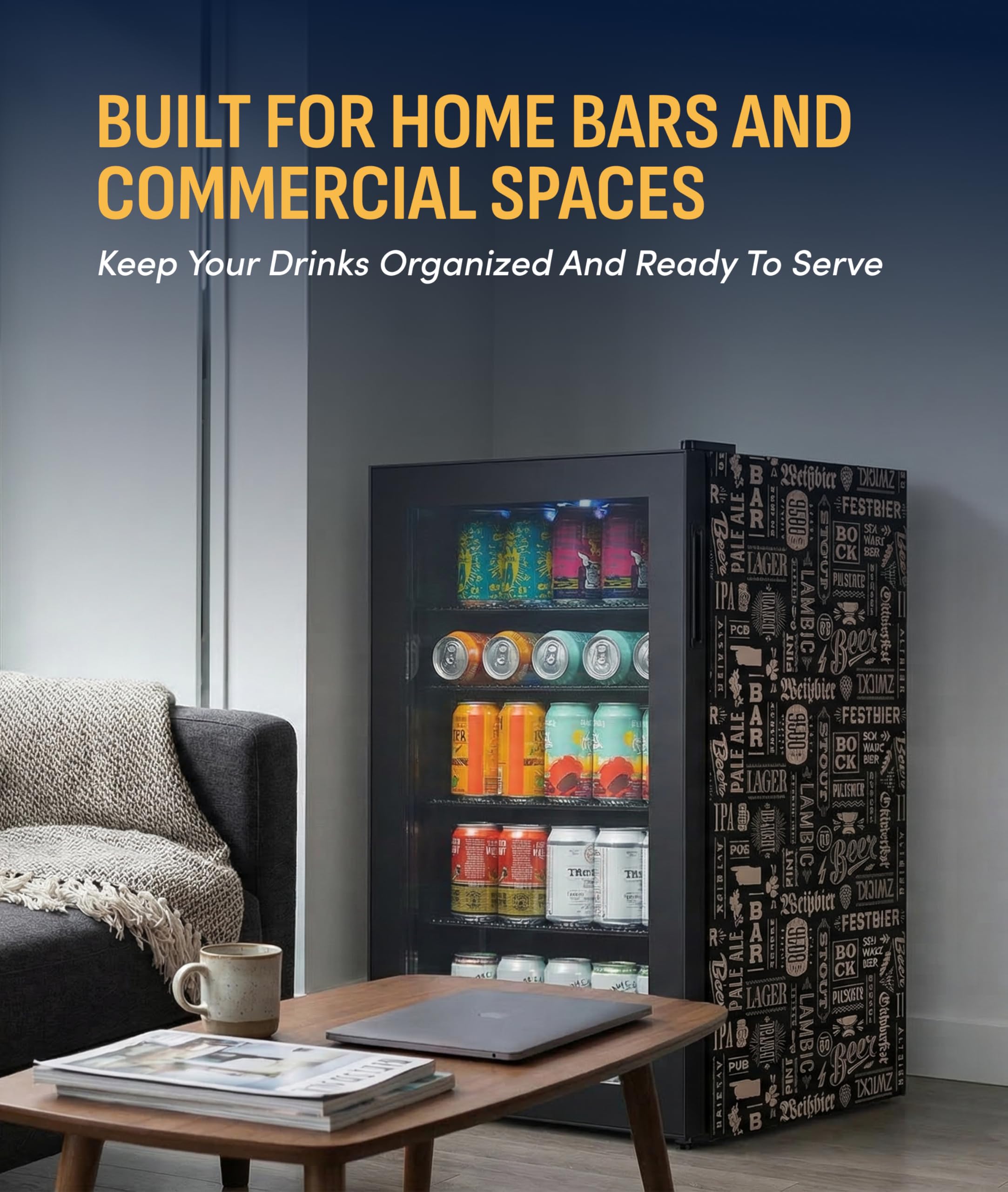 NewAir 126 Can Beverage Refrigerator | Freestanding Mini Fridge For Home Bar Or Office | Splitshelf Storage, 32°F Cooling & LED Lighting | “Beers Of The World” Design on Fridge.com - View 3